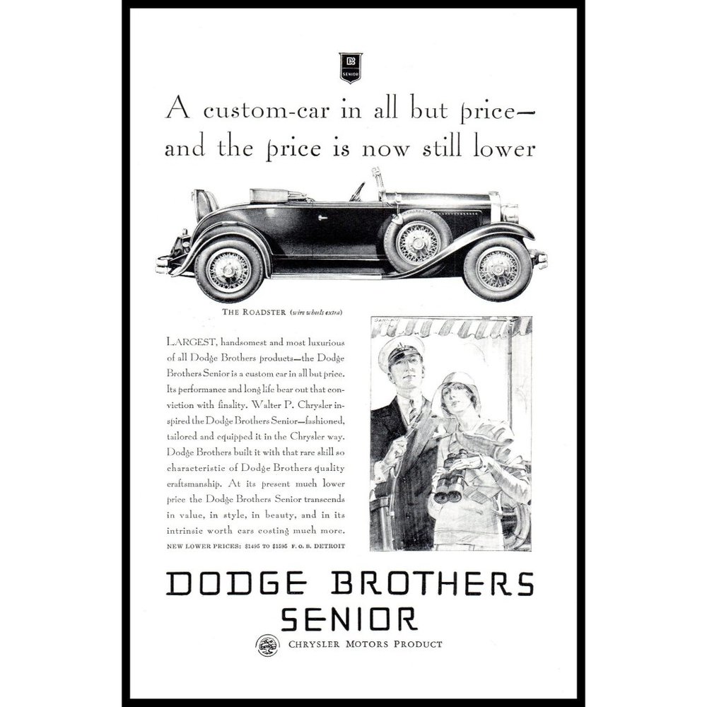 1929 Dodge Brothers Roadster Convertible Antique Car Vintage Print Ad Wall Art